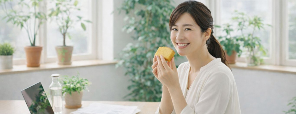 パウンドケーキを食べる女性
